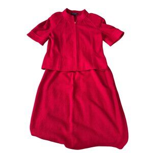 St. John Knit Skirt Suit Women Size 12 Red Santana 2pc Zip Jacket Stretch Midi U